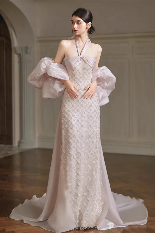 Halter Neck Twist Blush Pink Beaded Mermaid Evening Dresses with Detachable Overskirt and Puffy Organza Sleeves