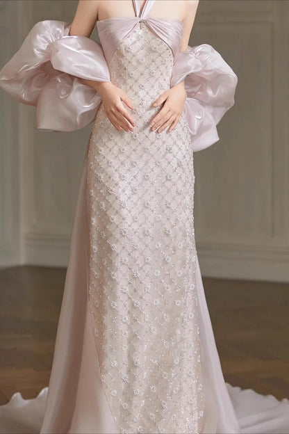 Halter Neck Twist Blush Pink Beaded Mermaid Evening Dresses with Detachable Overskirt and Puffy Organza Sleeves