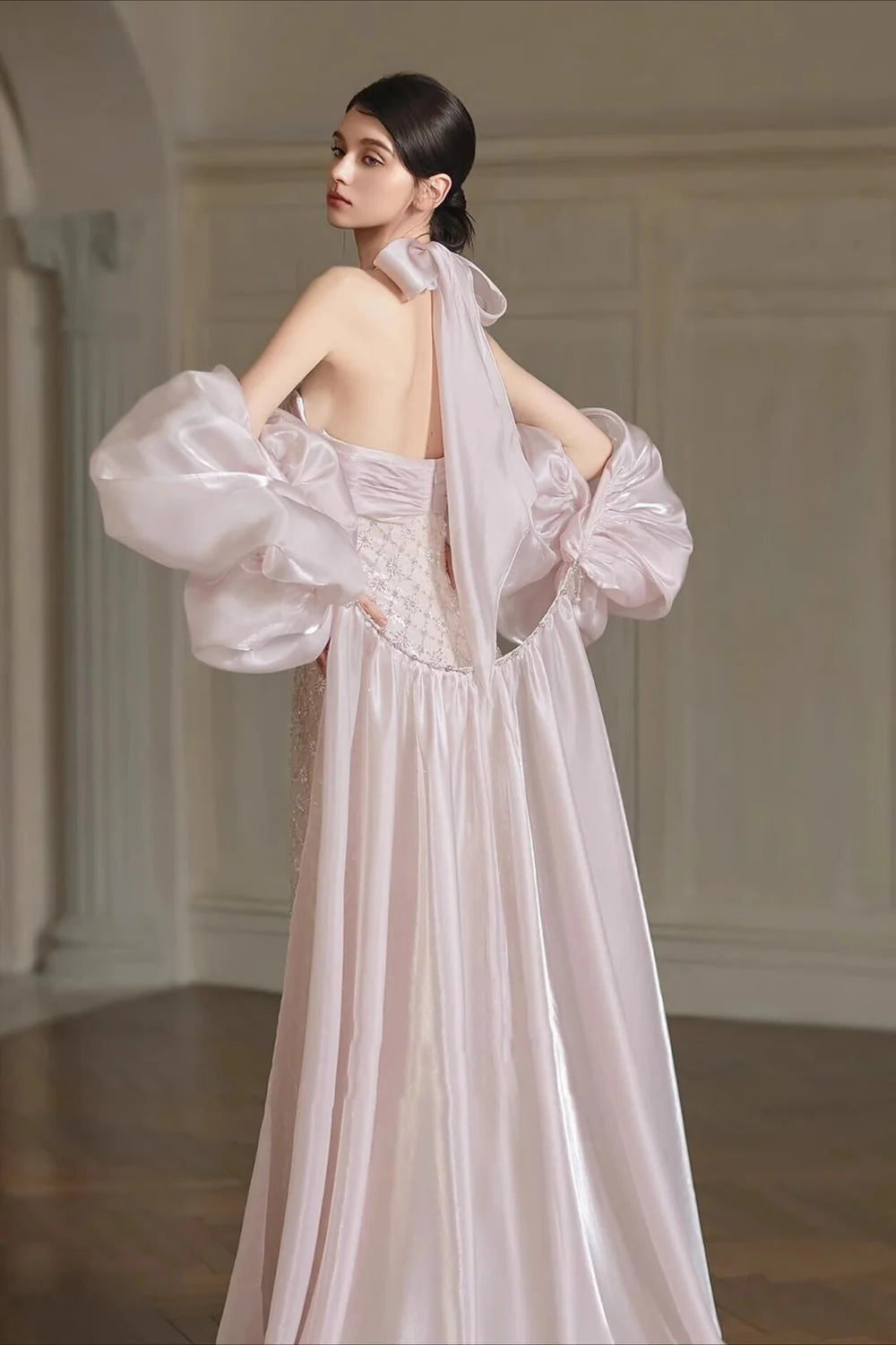 Halter Neck Twist Blush Pink Beaded Mermaid Evening Dresses with Detachable Overskirt and Puffy Organza Sleeves