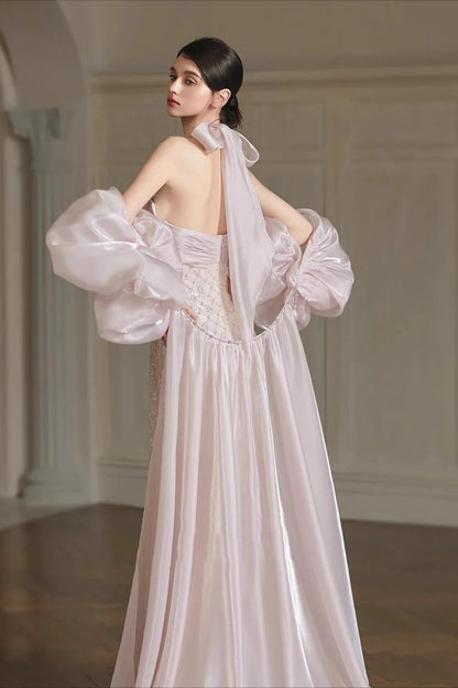 Halter Neck Twist Blush Pink Beaded Mermaid Evening Dresses with Detachable Overskirt and Puffy Organza Sleeves