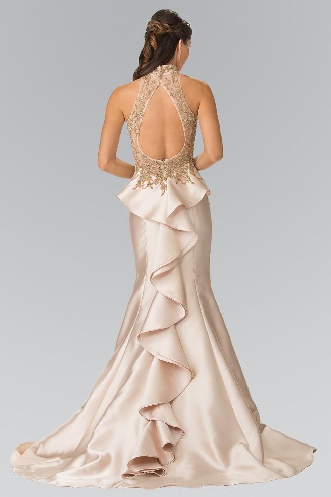High Neck Champagne Satin Prom Dresses with Gold Lace Embroidery and Ruffled Back