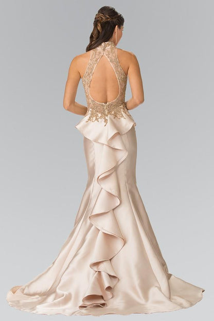 High Neck Champagne Satin Prom Dresses with Gold Lace Embroidery and Ruffled Back