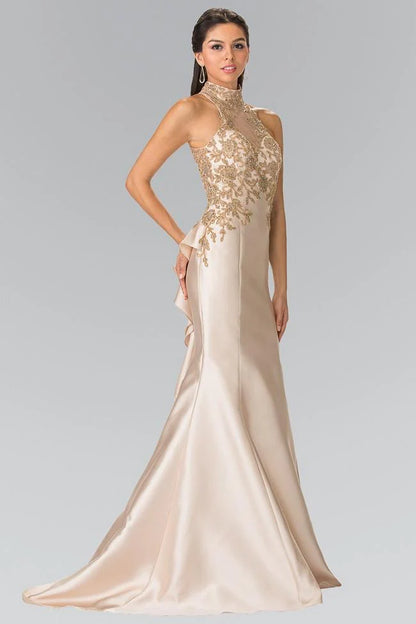 High Neck Champagne Satin Prom Dresses with Gold Lace Embroidery and Ruffled Back