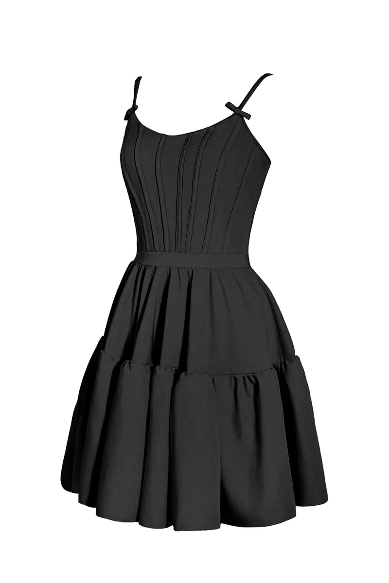 Side profile of the hot pink A-line ruffled knee-length dress.