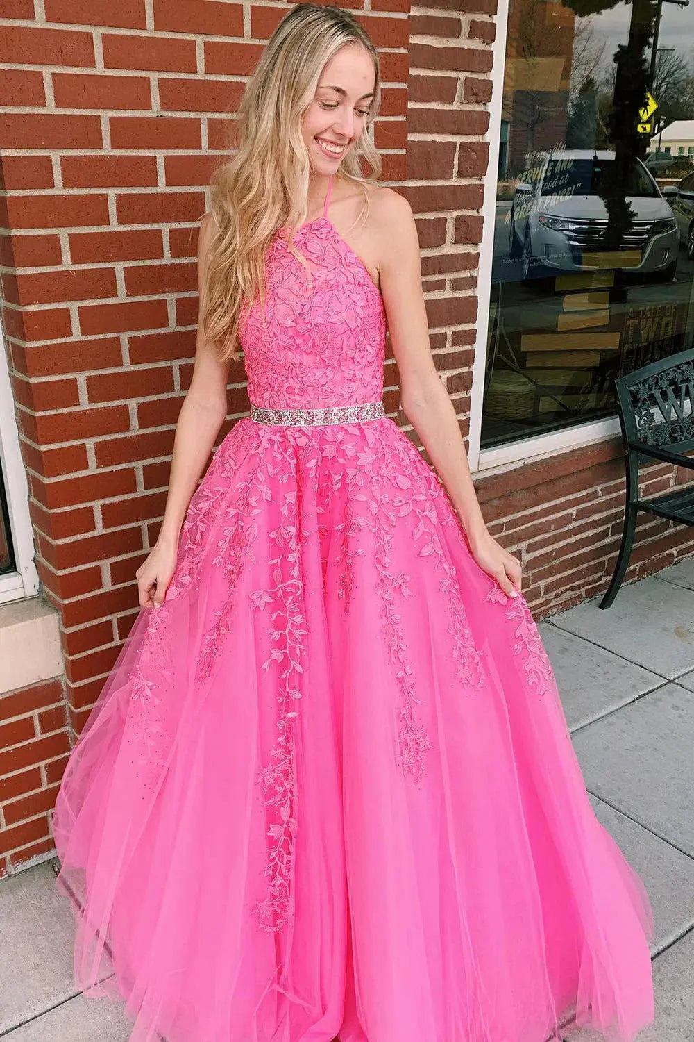 Hot Pink Halter Neck Lace Ball Gown Prom Dress with Beaded Waist and Lace-Up Back for Formal Events and Prom Nights