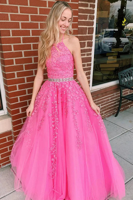 Hot Pink Halter Neck Lace Ball Gown Prom Dress with Beaded Waist and Lace-Up Back for Formal Events and Prom Nights