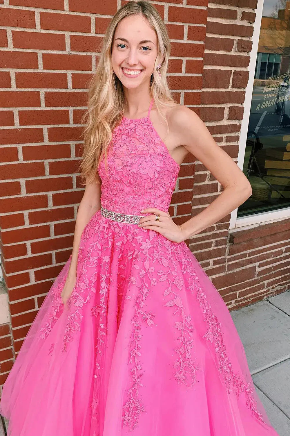 Hot Pink Halter Neck Lace Ball Gown Prom Dress with Beaded Waist and Lace-Up Back for Formal Events and Prom Nights
