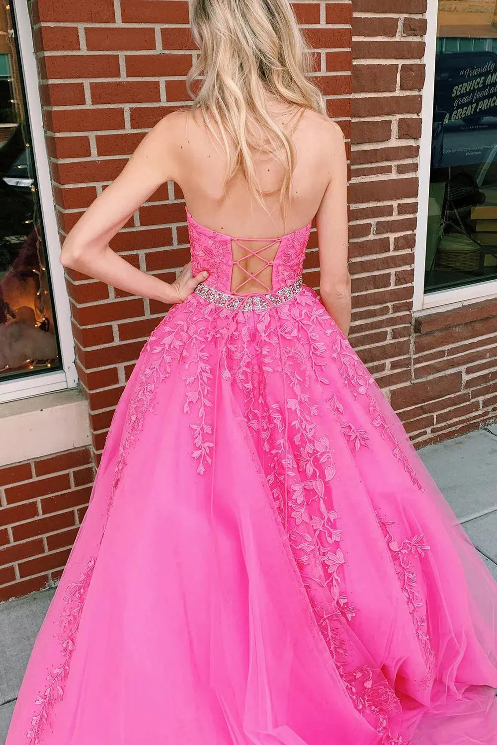 Hot Pink Halter Neck Lace Ball Gown Prom Dress with Beaded Waist and Lace-Up Back for Formal Events and Prom Nights