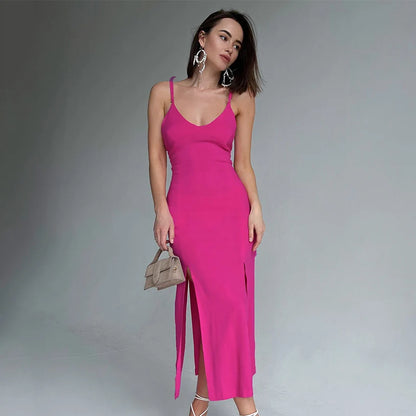 Hot Pink Spaghetti Strap Maxi Evening Dress V Neck Open Back Tie Side Slit Bodycon Evening Gown