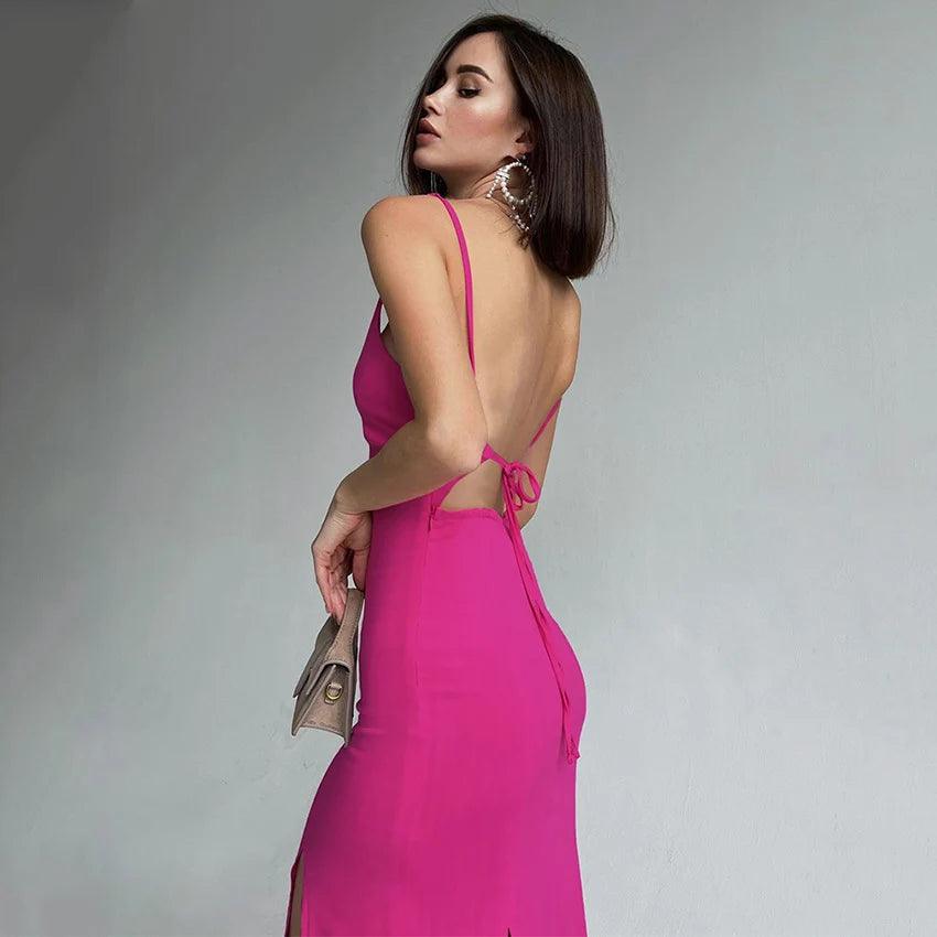 Hot Pink Spaghetti Strap Maxi Evening Dress V Neck Open Back Tie Side Slit Bodycon Evening Gown
