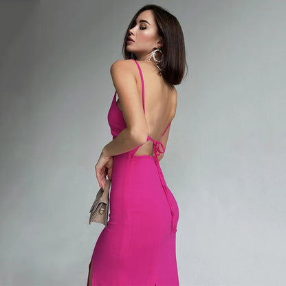 Hot Pink Spaghetti Strap Maxi Evening Dress V Neck Open Back Tie Side Slit Bodycon Evening Gown