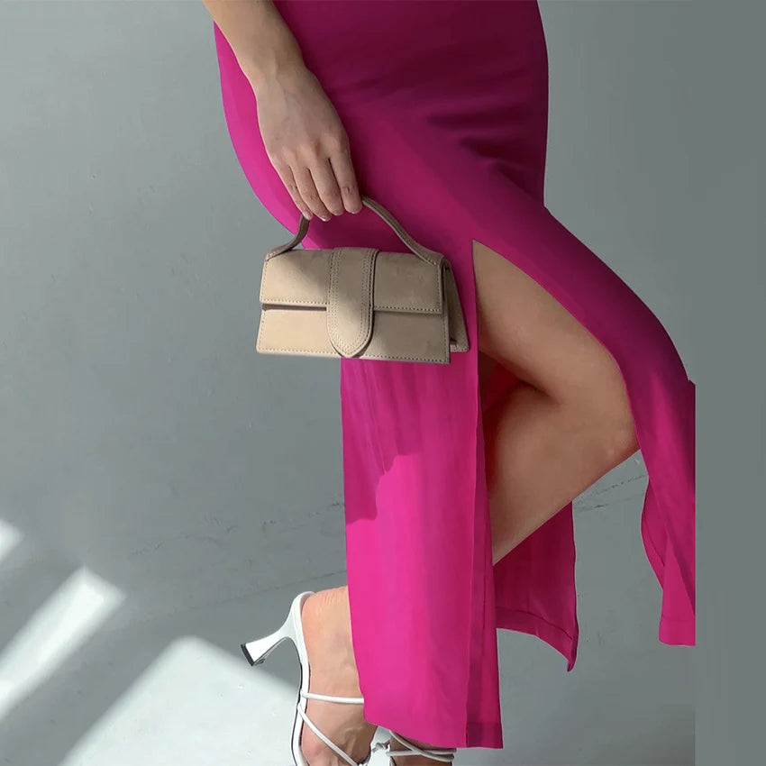 Hot Pink Spaghetti Strap Maxi Evening Dress V Neck Open Back Tie Side Slit Bodycon Evening Gown