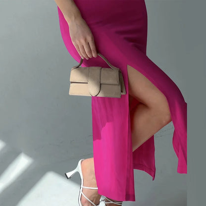 Hot Pink Spaghetti Strap Maxi Evening Dress V Neck Open Back Tie Side Slit Bodycon Evening Gown