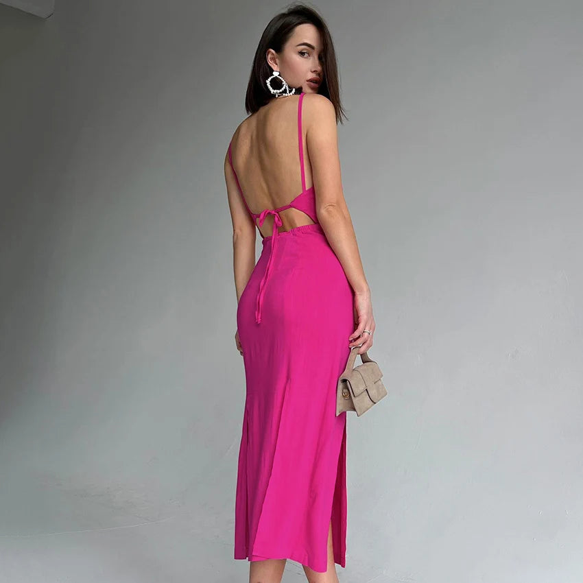 Hot Pink Spaghetti Strap Maxi Evening Dress V Neck Open Back Tie Side Slit Bodycon Evening Gown