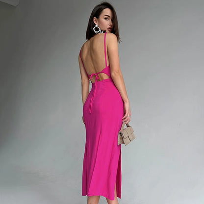 Hot Pink Spaghetti Strap Maxi Evening Dress V Neck Open Back Tie Side Slit Bodycon Evening Gown