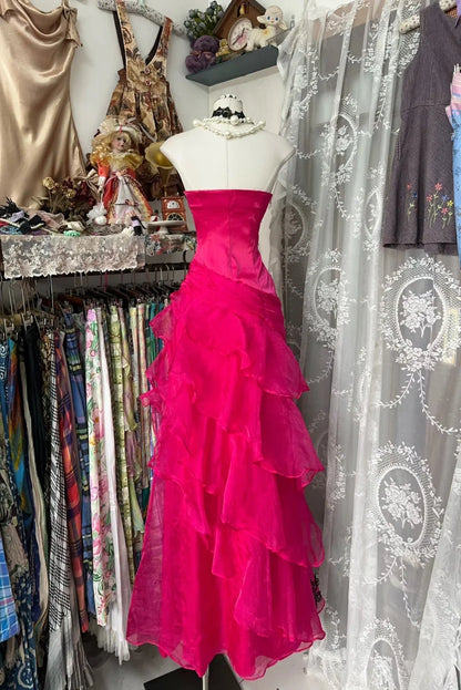 Hot Pink Strapless Prom Dress With Black Floral Appliqué And Tiered Organza A Line Formal Prom Dress
