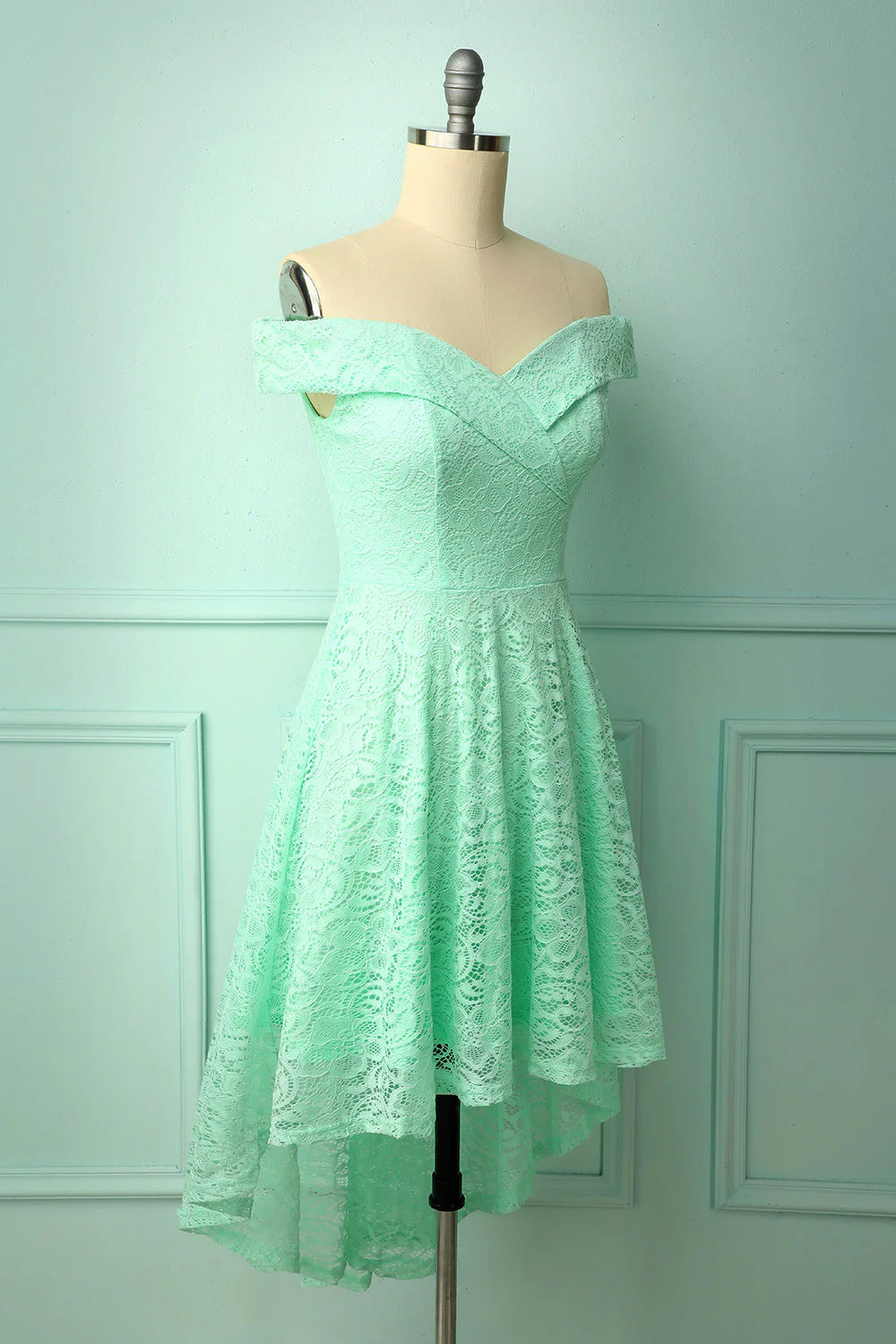 Cute A-Line  Wedding Guest Dress Off-shoulder High Low Lace Dress