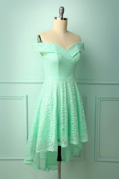 Cute A-Line  Wedding Guest Dress Off-shoulder High Low Lace Dress