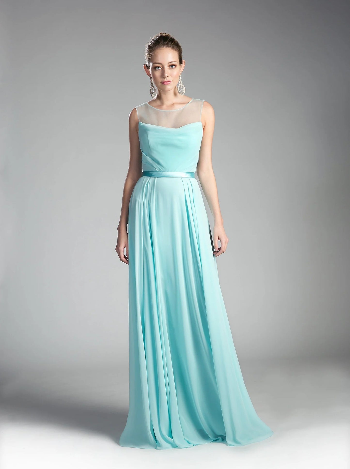 Illusion Neck Sky Blue Chiffon Evening Dresses with Satin Belt and Floor-Length Skirt