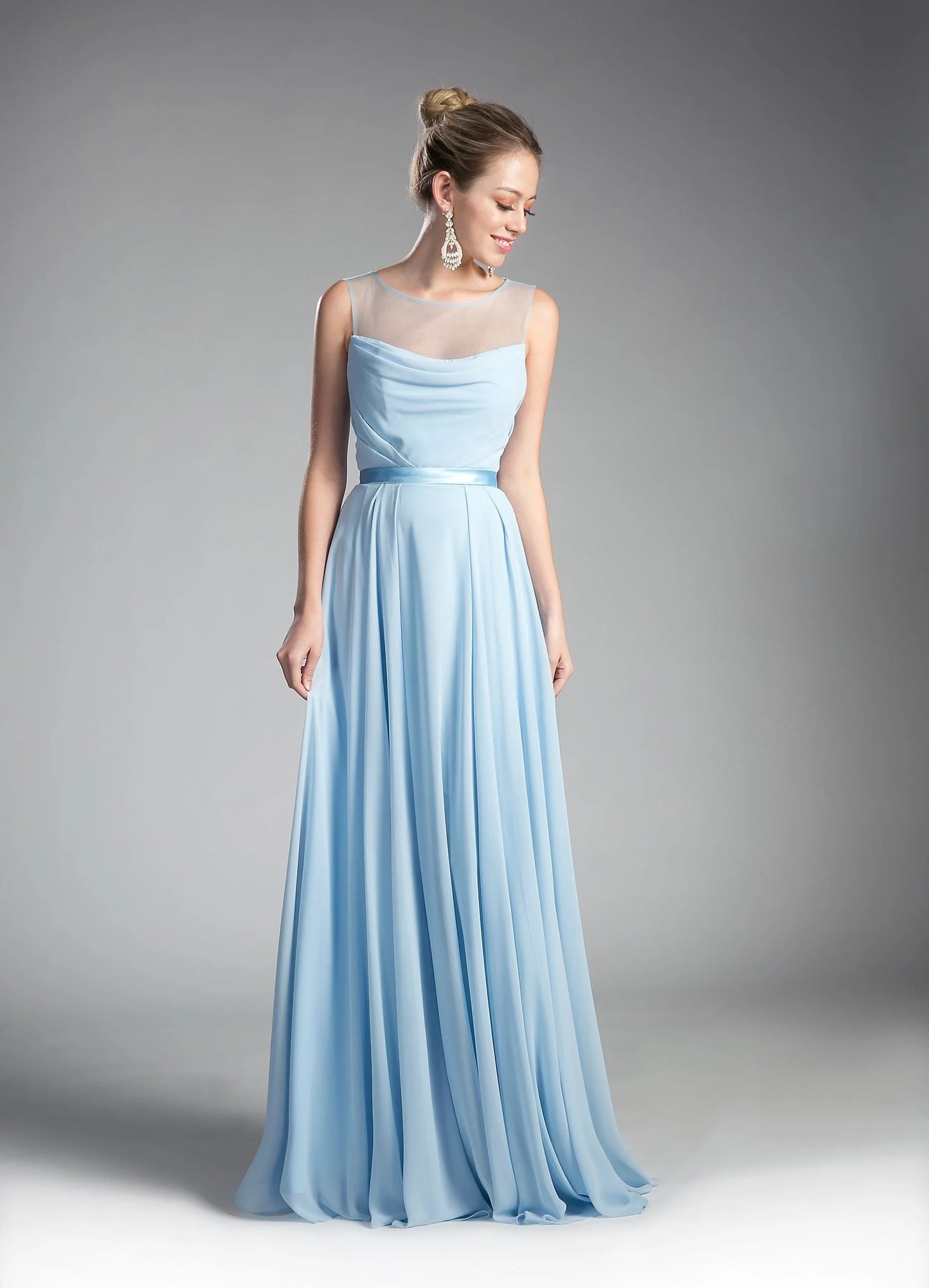 Illusion Neck Sky Blue Chiffon Evening Dresses with Satin Belt and Floor-Length Skirt
