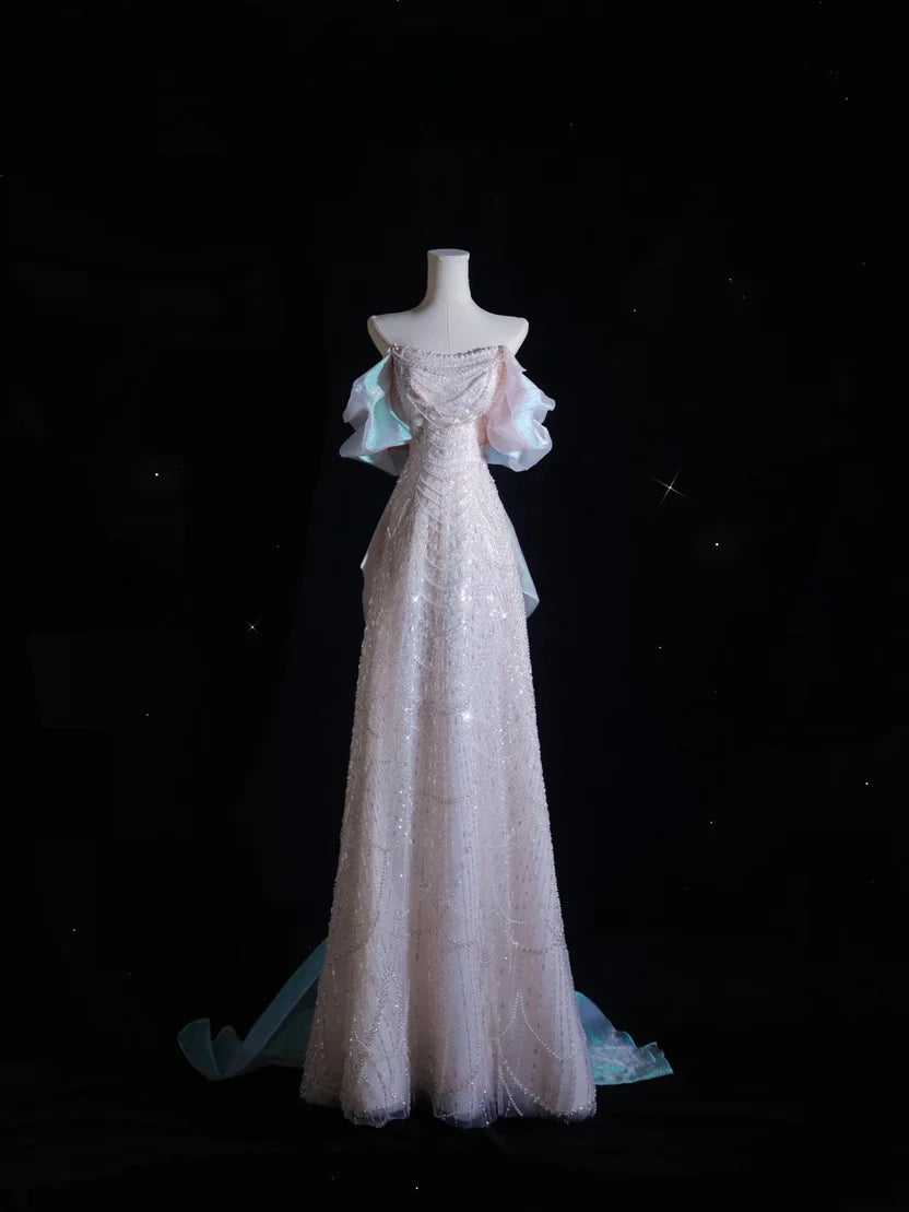 Iridescent Off Shoulder Prom Dress With Beaded Sequin Bow And Organza Train Formal Prom Dress