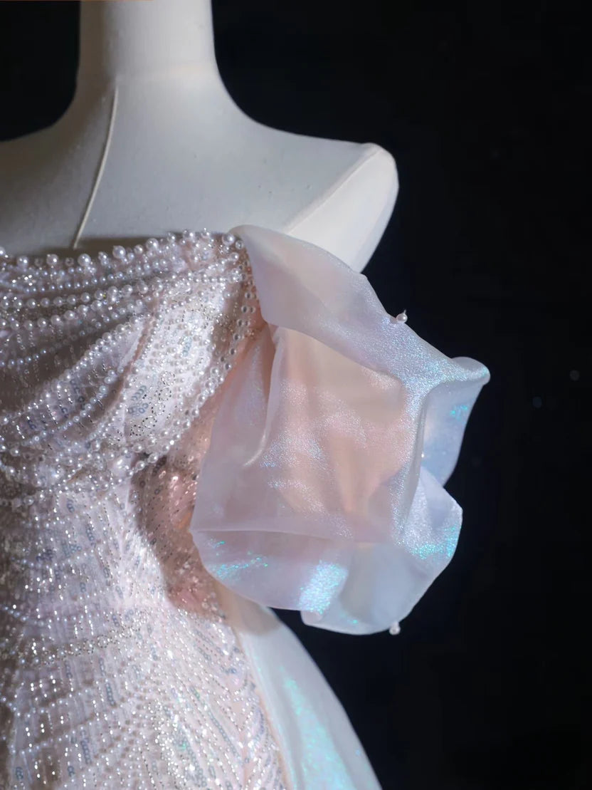 Iridescent Off Shoulder Prom Dress With Beaded Sequin Bow And Organza Train Formal Prom Dress
