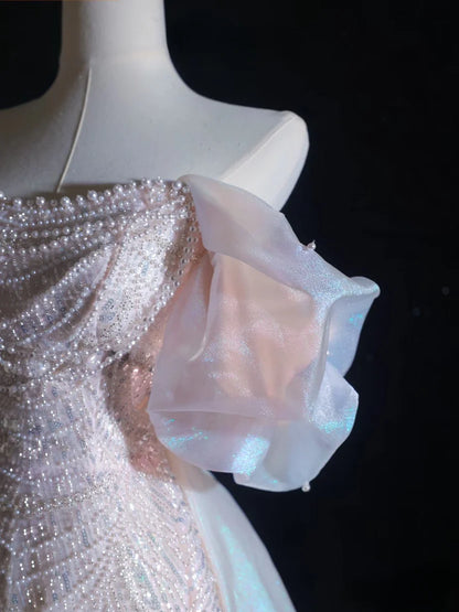 Iridescent Off Shoulder Prom Dress With Beaded Sequin Bow And Organza Train Formal Prom Dress