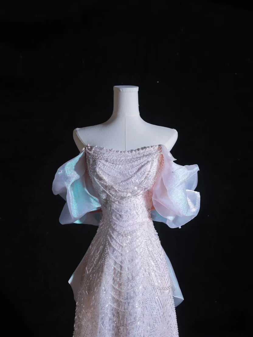 Iridescent Off Shoulder Prom Dress With Beaded Sequin Bow And Organza Train Formal Prom Dress