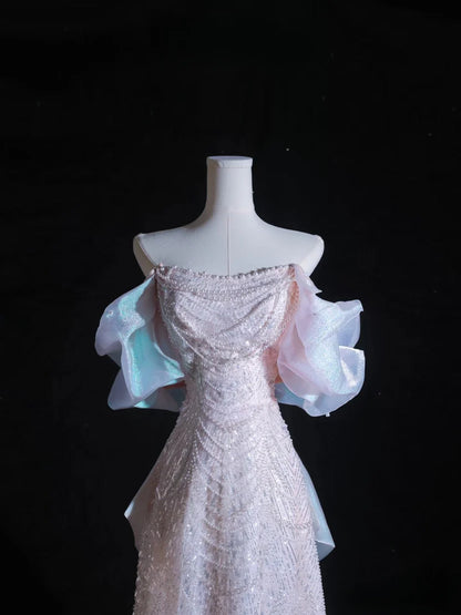 Iridescent Off Shoulder Prom Dress With Beaded Sequin Bow And Organza Train Formal Prom Dress