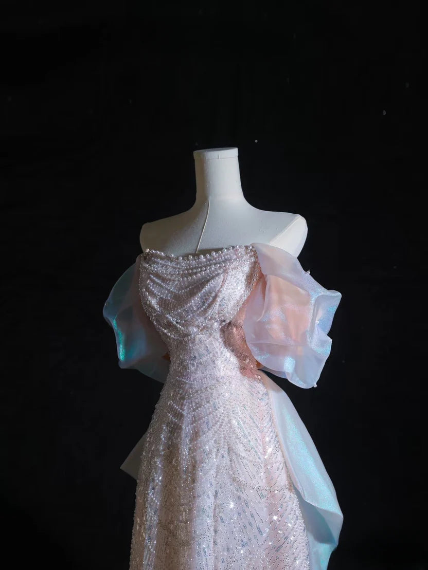Iridescent Off Shoulder Prom Dress With Beaded Sequin Bow And Organza Train Formal Prom Dress