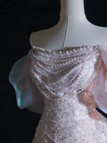 Iridescent Off Shoulder Prom Dress With Beaded Sequin Bow And Organza Train Formal Prom Dress