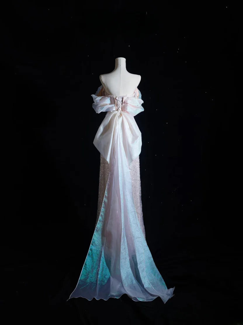 Iridescent Off Shoulder Prom Dress With Beaded Sequin Bow And Organza Train Formal Prom Dress