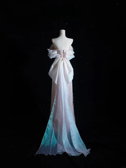 Iridescent Off Shoulder Prom Dress With Beaded Sequin Bow And Organza Train Formal Prom Dress