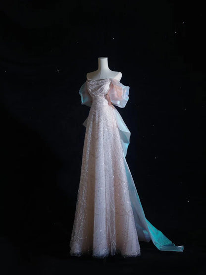 Iridescent Off Shoulder Prom Dress With Beaded Sequin Bow And Organza Train Formal Prom Dress