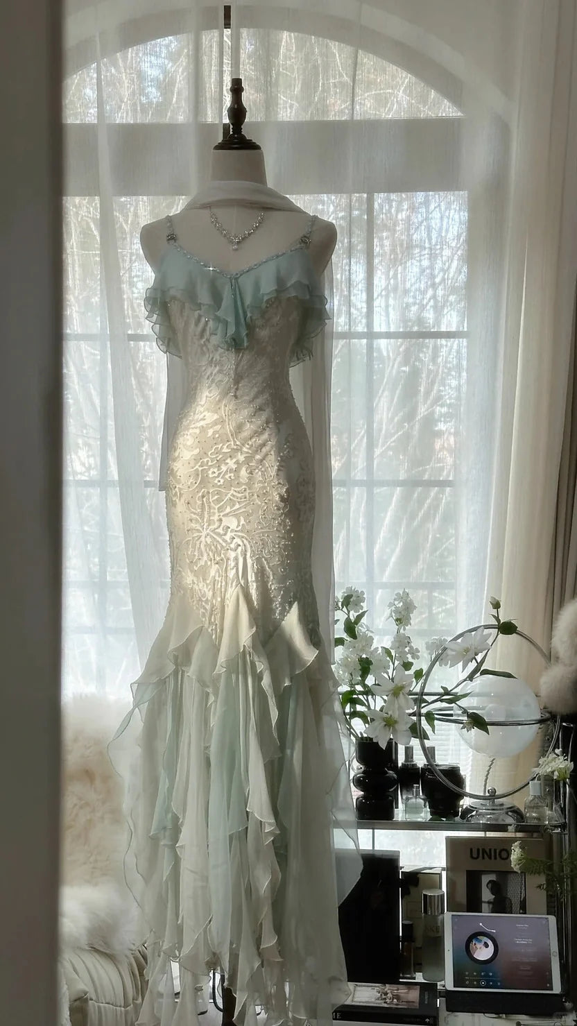 Ivory And Mint Spaghetti Strap Prom Dress With Lace Embroidery Beaded Bodice And Ruffled Chiffon Mermaid Formal Prom Dress