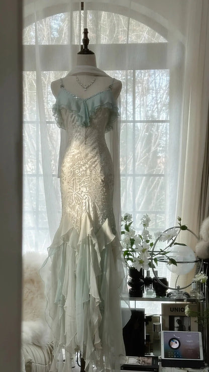 Ivory And Mint Spaghetti Strap Prom Dress With Lace Embroidery Beaded Bodice And Ruffled Chiffon Mermaid Formal Prom Dress