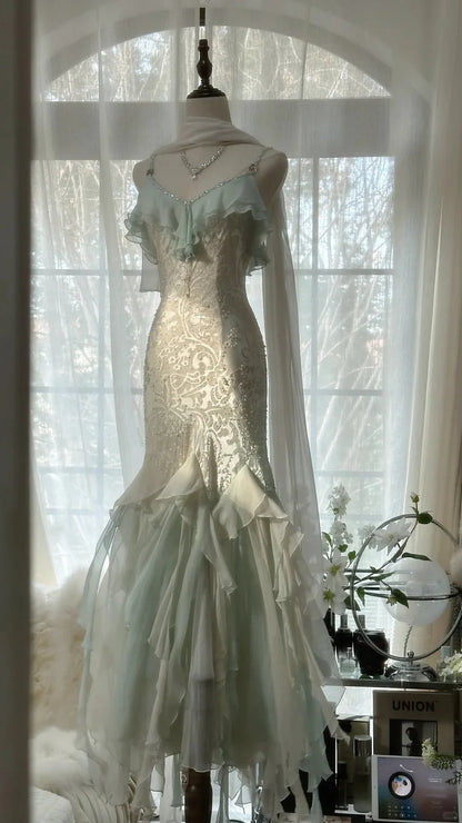 Ivory And Mint Spaghetti Strap Prom Dress With Lace Embroidery Beaded Bodice And Ruffled Chiffon Mermaid Formal Prom Dress