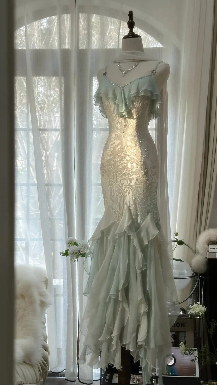Ivory And Mint Spaghetti Strap Prom Dress With Lace Embroidery Beaded Bodice And Ruffled Chiffon Mermaid Formal Prom Dress