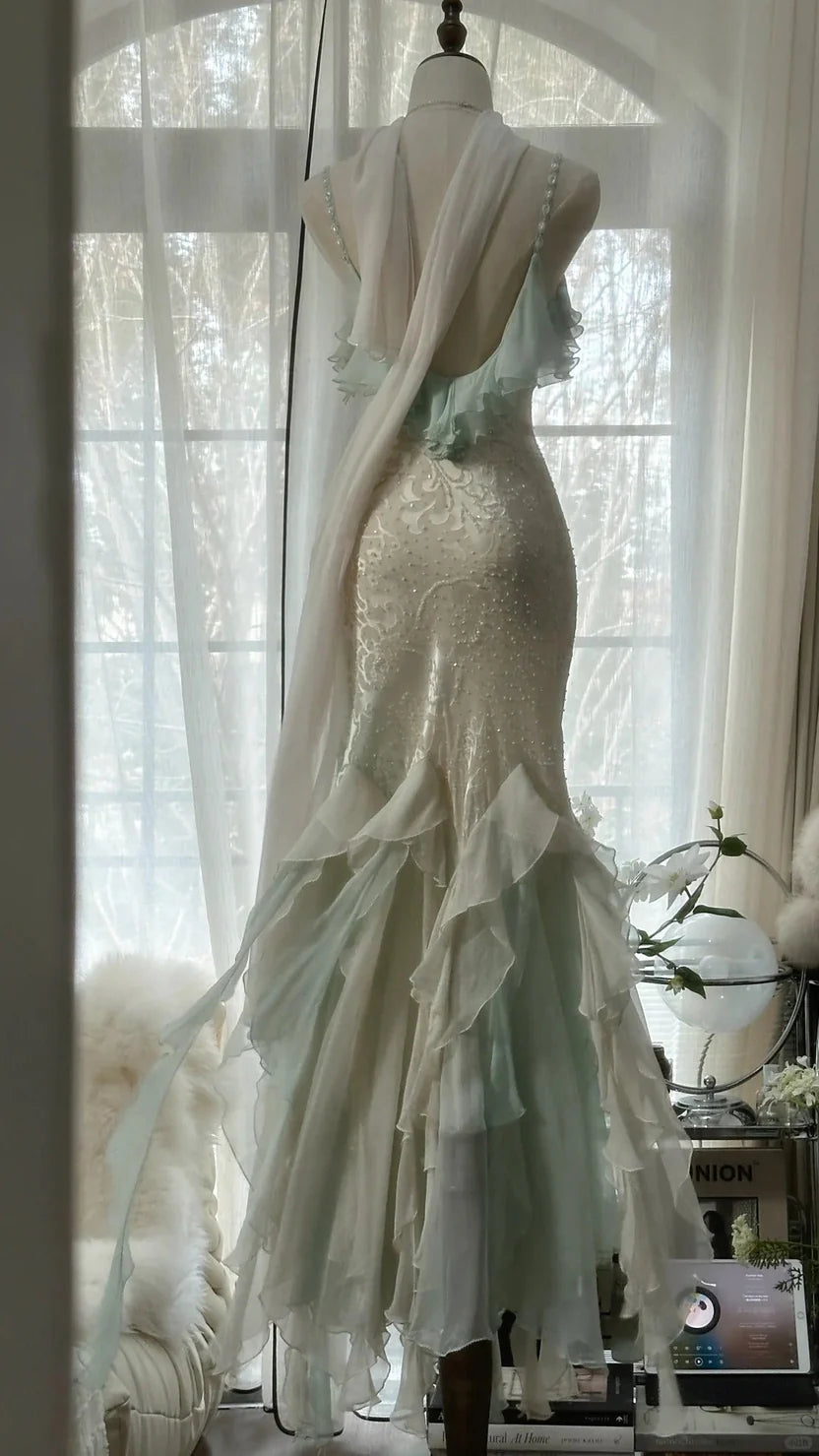 Ivory And Mint Spaghetti Strap Prom Dress With Lace Embroidery Beaded Bodice And Ruffled Chiffon Mermaid Formal Prom Dress