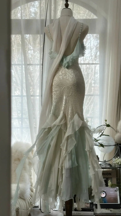 Ivory And Mint Spaghetti Strap Prom Dress With Lace Embroidery Beaded Bodice And Ruffled Chiffon Mermaid Formal Prom Dress