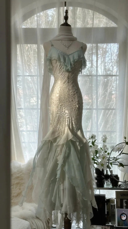 Ivory And Mint Spaghetti Strap Prom Dress With Lace Embroidery Beaded Bodice And Ruffled Chiffon Mermaid Formal Prom Dress