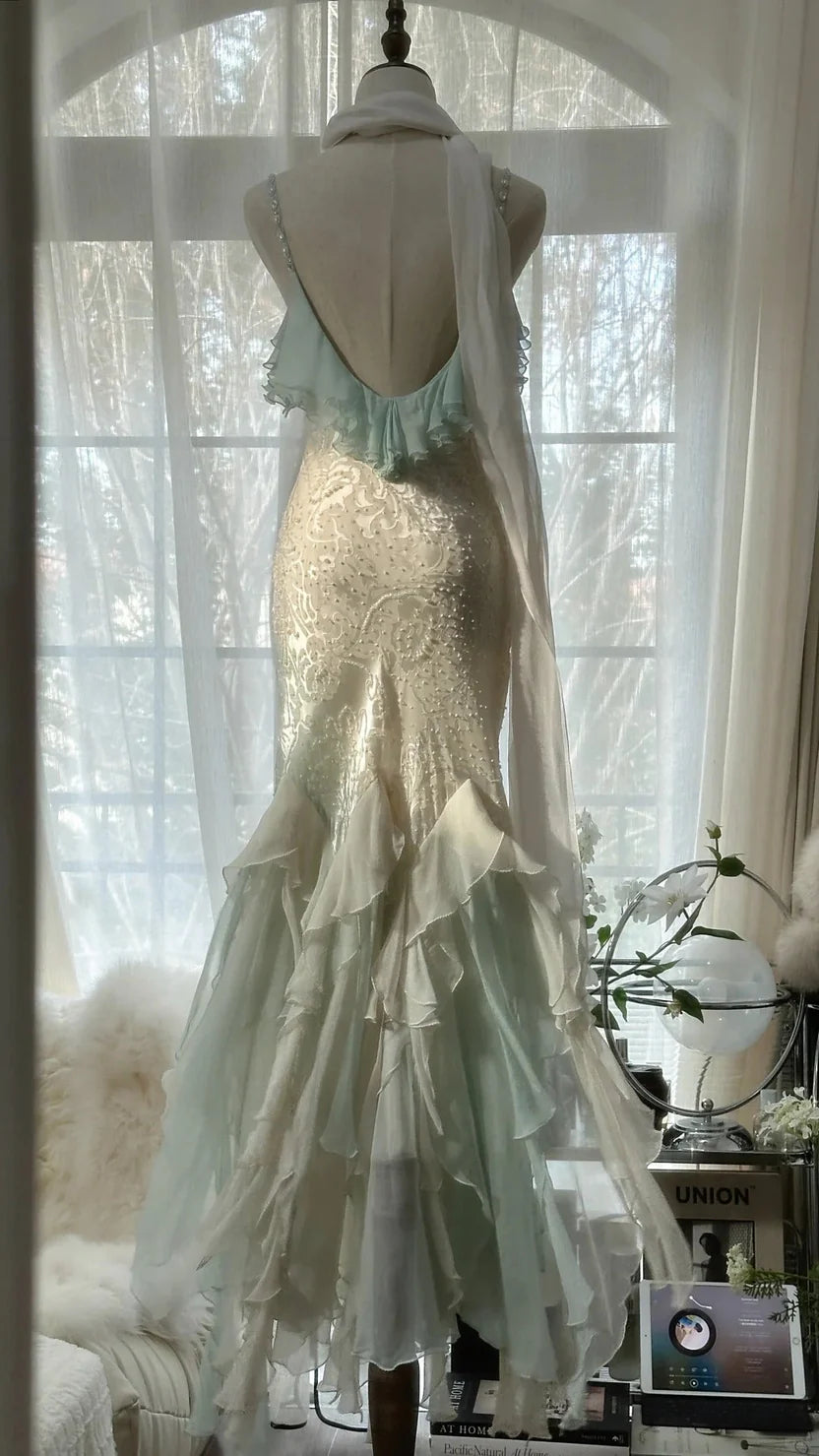 Ivory And Mint Spaghetti Strap Prom Dress With Lace Embroidery Beaded Bodice And Ruffled Chiffon Mermaid Formal Prom Dress