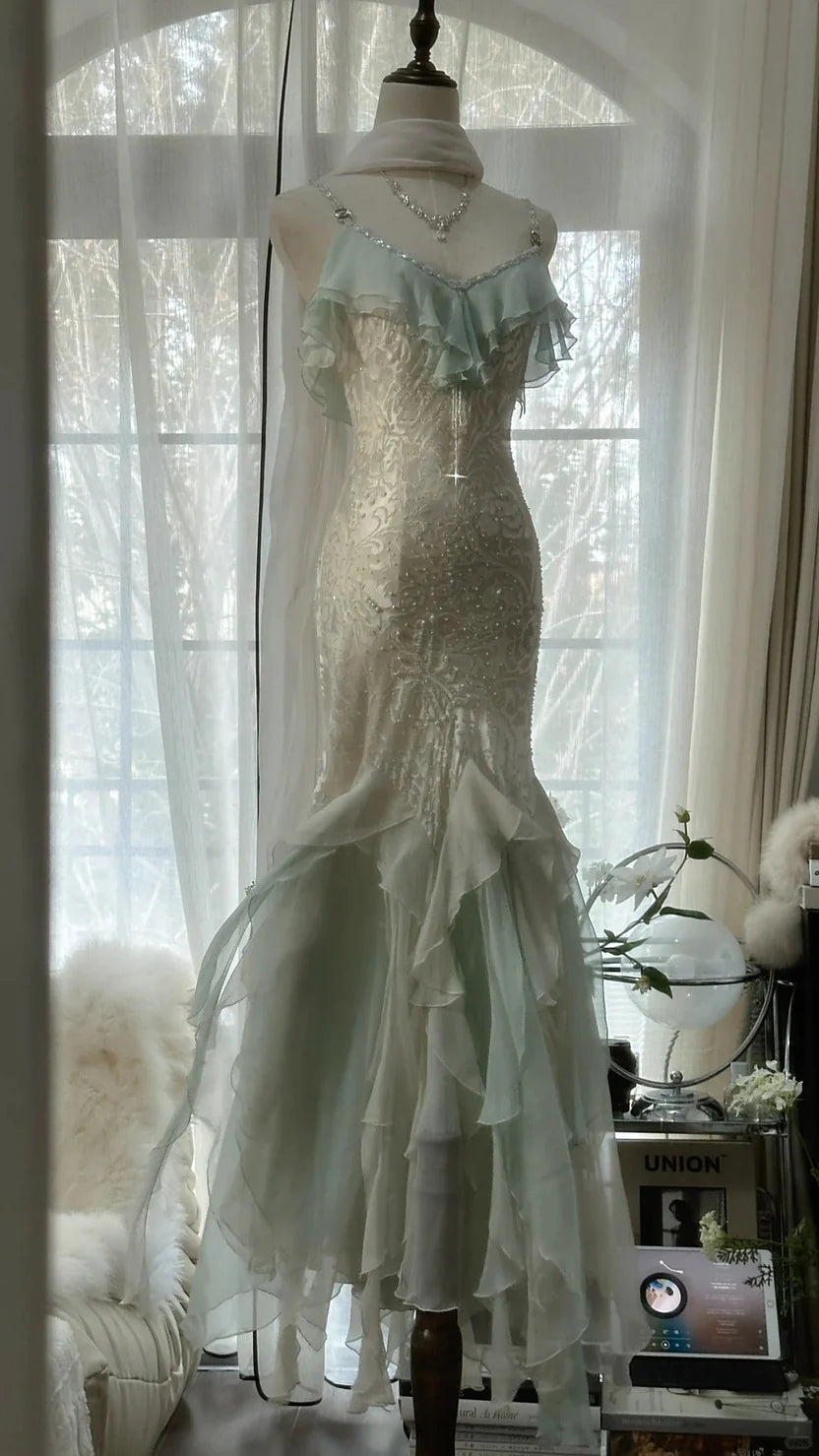 Ivory And Mint Spaghetti Strap Prom Dress With Lace Embroidery Beaded Bodice And Ruffled Chiffon Mermaid Formal Prom Dress