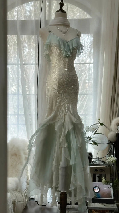 Ivory And Mint Spaghetti Strap Prom Dress With Lace Embroidery Beaded Bodice And Ruffled Chiffon Mermaid Formal Prom Dress