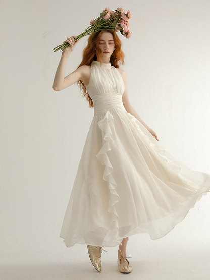 Ivory Chiffon Halter Dresses with Halter Neck Ruched Waist and Tiered Ruffle Skirt