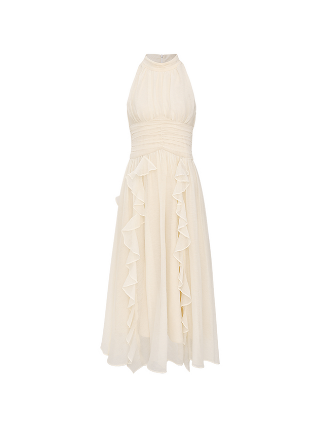Ivory Chiffon Halter Dresses with Halter Neck Ruched Waist and Tiered Ruffle Skirt