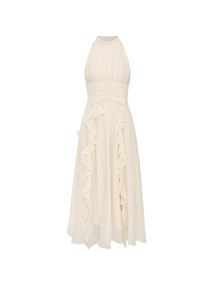 Ivory Chiffon Halter Dresses with Halter Neck Ruched Waist and Tiered Ruffle Skirt