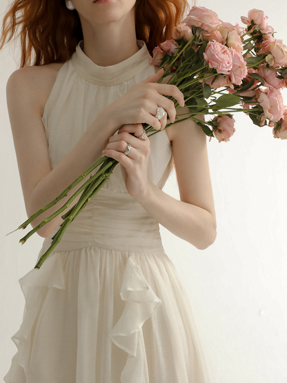 Ivory Chiffon Halter Dresses with Halter Neck Ruched Waist and Tiered Ruffle Skirt