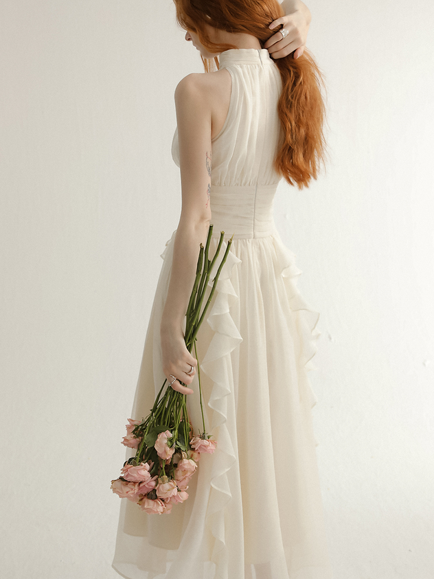Ivory Chiffon Halter Dresses with Halter Neck Ruched Waist and Tiered Ruffle Skirt