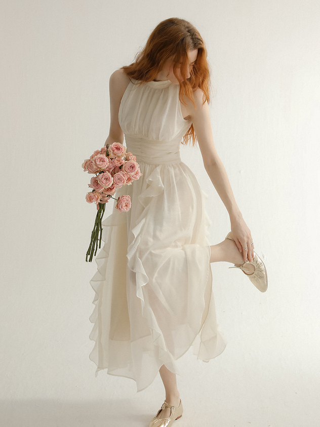 Ivory Chiffon Halter Dresses with Halter Neck Ruched Waist and Tiered Ruffle Skirt